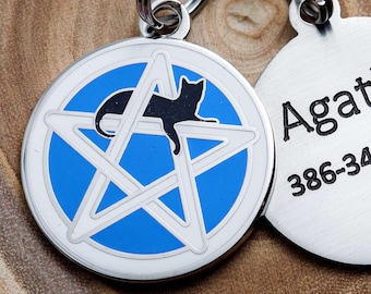 Deep Engraved Wicca Cat ID Tag - Personalized Cat Pentagram ID Tag - Custom Wiccan Pet Name Tag -- Blue
