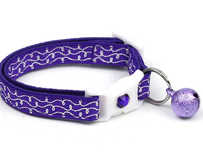Purple Cat Collar - White Squiggles on Purple - White Swirls on Purple- Doodles - Kitten or Large Size B97D159
