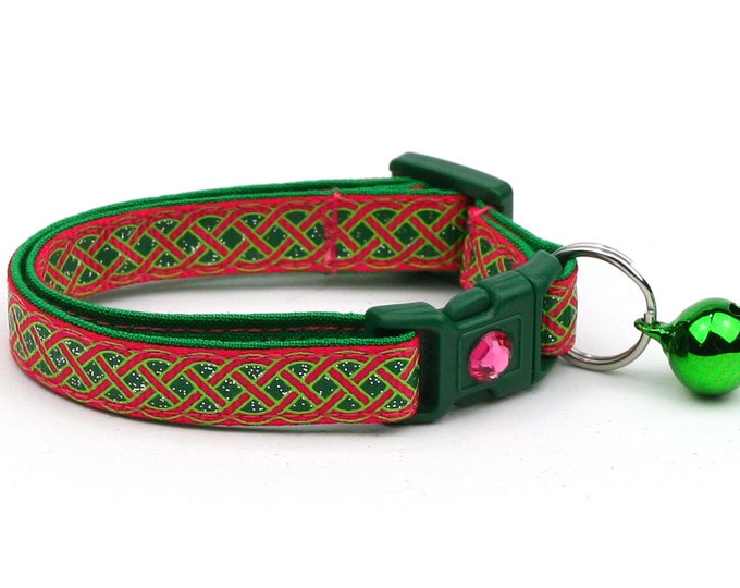 St. Patrick's Day Cat Collar - Celtic Knots on Bright Pink- Small Cat / Kitten or Large Cat Collar B53D50