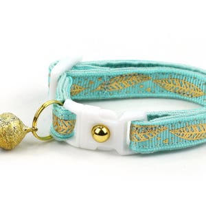 Feather Cat Collar - Metallic Gold Feathers on Aqua - Small Cat / Kitten Size or Large Size - Woodland - Boho B37D150
