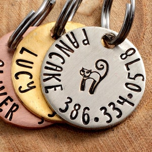 Pet ID Tag with Arched Cat Design - Petite ID Tag - 3/4&quot; pick you material Pet Identification Tag - Personalized Cat ID Tag - Custom Pet Tag