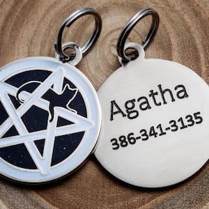 Engraved Wicca Cat ID Tag - Personalized Cat Pentagram ID Tag - Custom Wiccan Pet Name Tag -- Black