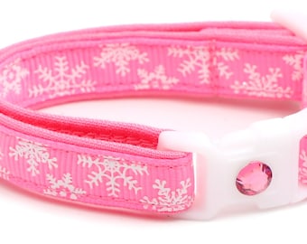 Snowflake Cat Collar - Classic Snowflakes on Pink - Breakaway Cat Collar - Kitten or Large Size B119D110