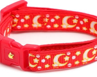 Collar de gato lunar - Lunas y estrellas doradas en rojo brillante - Collar de gato rompedor - Gatito o tamaño grande - Brillo en la oscuridad B90D204