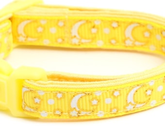 Moon Cat Collar - Gold Moons and Stars on Yellow - Breakaway Cat Collar - Kitten or Large size - Glow in the Dark B144D204
