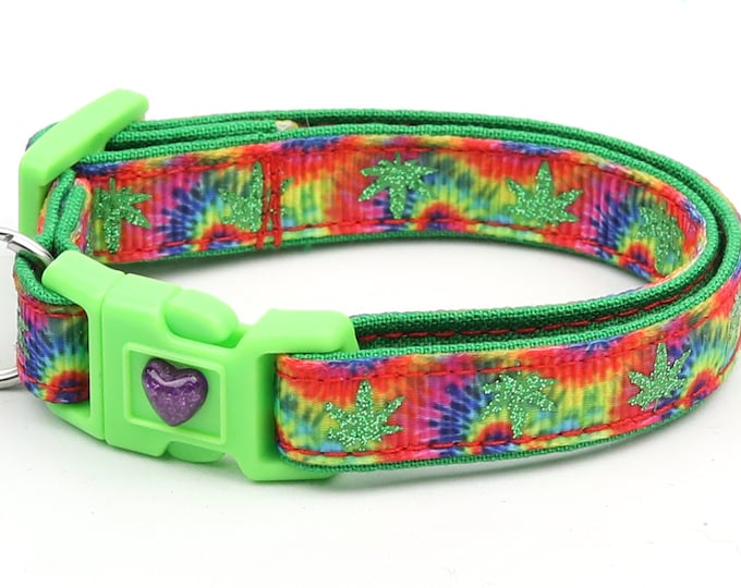Weed Cat Collar - Marijuana Leaves on Tie Dye - Small Cat / Kitten Size or Large Size B11D122