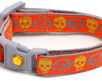 Skull Cat Collar - Gold Glitter Skulls on Orange - Small Cat / Kitten or Large Cat Collar B120D214