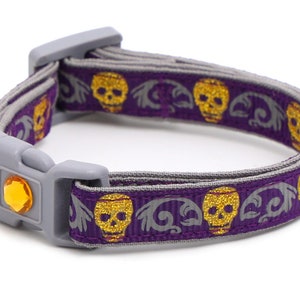 Skull Cat Collar - Gold Glitter Skulls on Purple- Small Cat / Kitten or Large Cat Collar B140D215
