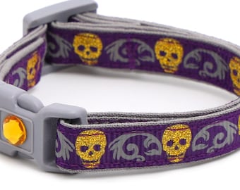 Skull Cat Collar - Gold Glitter Skulls on Purple- Small Cat / Kitten or Large Cat Collar B140D215
