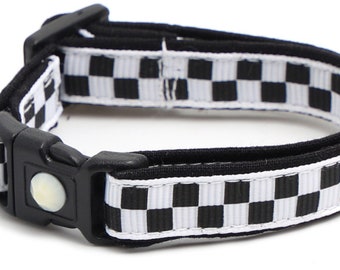Checkered Cat Collar - Black and White Checks - Safety Breakaway - Small Cat / Kitten Size or Large Size B47D242