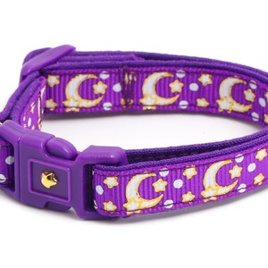 Moon Cat Collar - Gold Moons and Stars on Purple - Breakaway Cat Collar - Kitten or Large size - Glow in the Dark B18D204