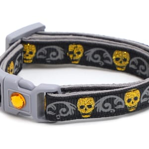 Skull Cat Collar - Gold Glitter Skulls on Black- Small Cat / Kitten or Large Cat Collar B40D213