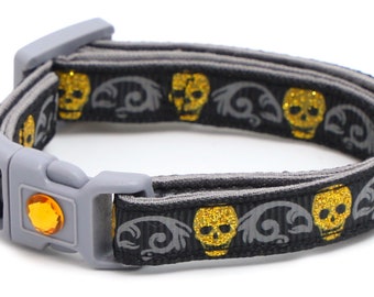 Skull Cat Collar - Gold Glitter Skulls on Black- Small Cat / Kitten or Large Cat Collar B40D213