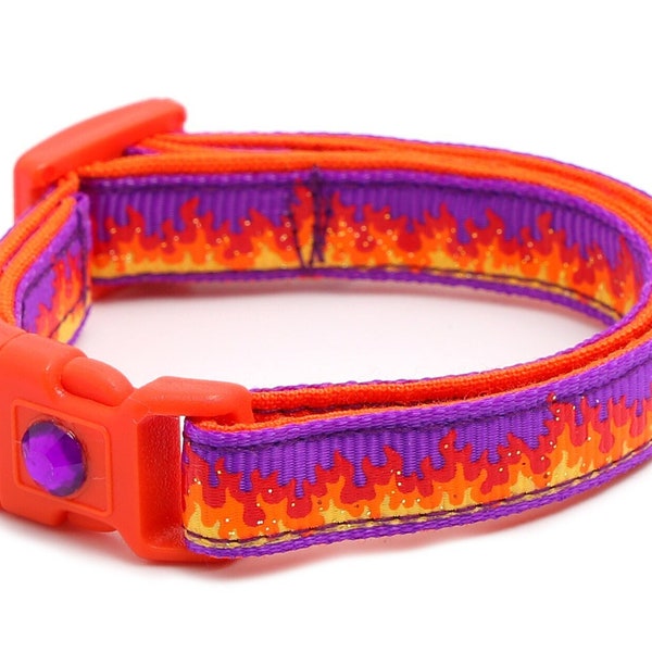 Flame Cat Collar - Fire on Purple - Small Cat / Kitten Size or Large Size B17D225