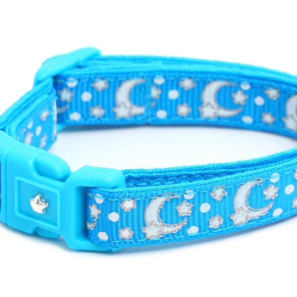 Moon Cat Collar - Silver Moons and Stars on Peacock Blue - Breakaway Cat Collar - Kitten or Large size - Glow in the Dark B159D201