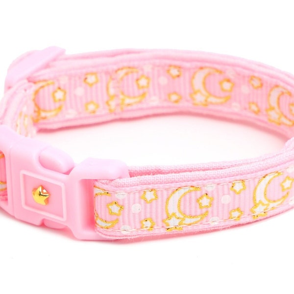 Moon Cat Collar - Gold Moons and Stars on Powder Pink  - Breakaway Cat Collar - Kitten or Large size - Glow in the Dark B152D204