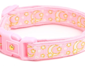 Moon Cat Collar - Gold Moons and Stars on Powder Pink  - Breakaway Cat Collar - Kitten or Large size - Glow in the Dark B152D204