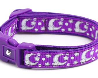 Moon Cat Collar - Silver Moons and Stars on Dark Purple - Breakaway Cat Collar - Kitten or Large size - Glow in the Dark B99D201