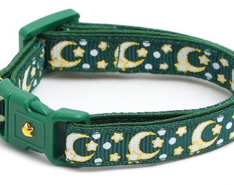 Moon Cat Collar - Gold Moons and Stars on Dark Green - Breakaway Cat Collar - Kitten or Large size - Glow in the Dark B37D204