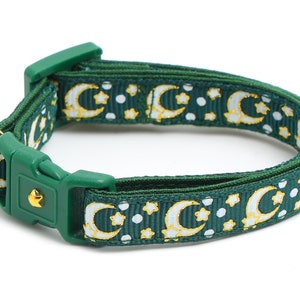 Moon Cat Collar - Gold Moons and Stars on Dark Green - Breakaway Cat Collar - Kitten or Large size - Glow in the Dark B37D204
