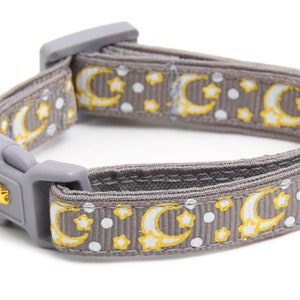 Moon Cat Collar - Gold Moons and Stars on Silver - Breakaway Cat Collar - Kitten or Large size - Glow in the Dark B171D204