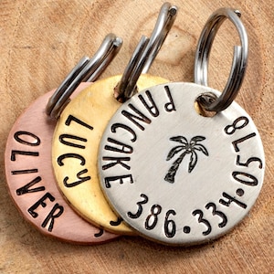 Etiqueta de identificación de mascota de palmera - Etiqueta de perro o gato pequeño - 3/4" elija su etiqueta de identificación de mascota de color - Etiqueta de identificación de gato personalizada - Etiqueta de mascota tropical