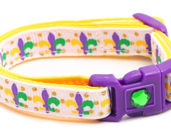 Mardi Gras Cat Collar Fleur De Lys on White Breakaway Cat Collar Kitten