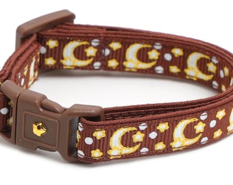 Moon Cat Collar - Lune e stelle dorate su marrone - Collare per gatti - Gattino o taglia grande - Glow in the Dark B113D204