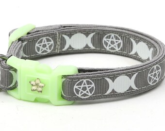 Wicca Katzenhalsband - Hexe vertraut auf Silber - Breakaway Katzenhalsband - Kätzchen oder Großformat - Glow in the Dark B64D31