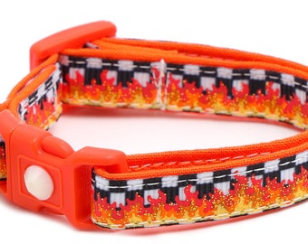 Flame Cat Collar - Fire on Black and White Checks - Small Cat / Kitten Size or Large Size B66D225