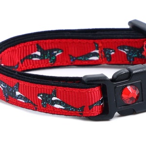 Whale Cat Collar - Orcas on Red - Small Cat / Kitten Size or Large Size B170D70
