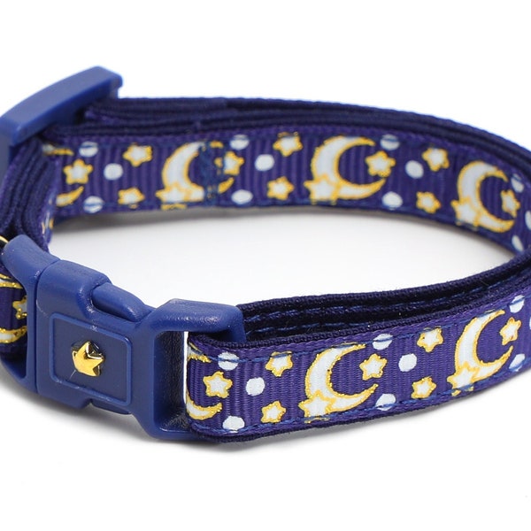 Moon Cat Collar - Gold Moons and Stars on Navy Blue  - Breakaway Cat Collar - Kitten or Large size - Glow in the Dark B116D204