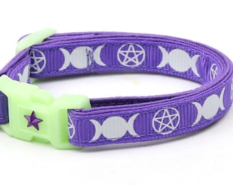Wicca Cat Collar - Witch's Familiar on Purple  - Breakaway Cat Collar - Kitten or Large size - Glow in the Dark B17D31