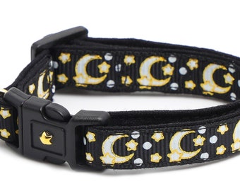 Moon Cat Collar - Lune e Stelle dorate su V2 nero - Collare per gatti breakaway - Gattino o taglia grande - Glow in the Dark B155D204