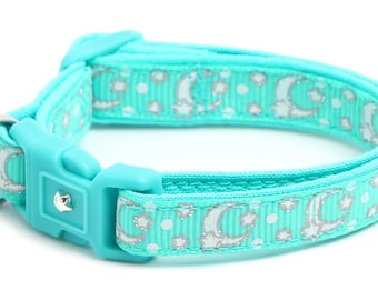 Moon Cat Collar - Lune e Stelle d'Argento su Aqua - Collare Per Gatti - Gattino o Taglia Grande - Glow in the Dark B24D201
