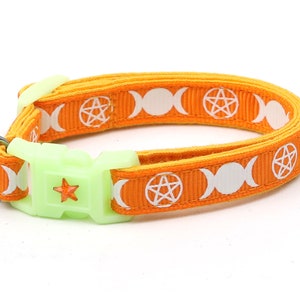 Wicca Cat Collar - Witch&#39;s Familiar on Orange - Breakaway Cat Collar - Kitten or Large size - Glow in the Dark B18D31