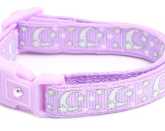 Moon Cat Collar - Silver Moons and Stars on Pastel Purple - Breakaway Cat Collar - Kitten or Large size - Glow in the Dark B145D201