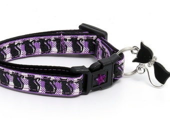 Halloween Cat Collar - Glittering Black Cats on Purple Plaid - Breakaway Cat Collar - Kitten or Large size B46D191