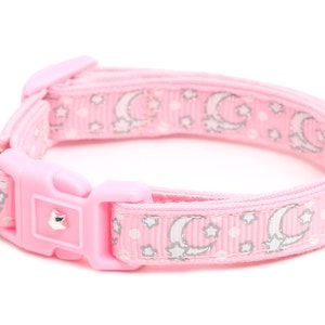 Moon Cat Collar - Silver Moons and Stars on Powder Pink - Breakaway Cat Collar - Kitten or Large size - Glow in the Dark B149D201