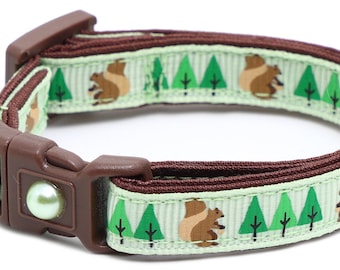 Woodland Cat Collar - Squirrels and Trees on Green - Small Cat / Kitten Size or Large Size B53D159