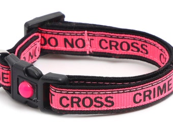 Trouble Maker Cat Collar - Crime Scene Do Not Cross on Fluorescent Pink- Safety Breakaway - B137D129