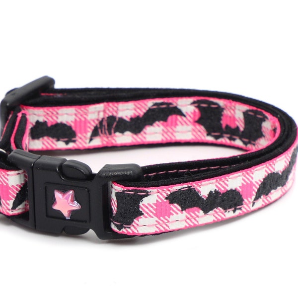 Halloween Cat Collar - Glitter Bats on Pink Plaid - Kitten or Large Size - Halloween Cat Collar B138D137