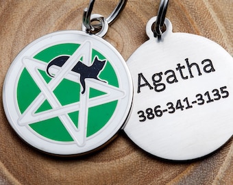 Engraved Wicca Cat ID Tag - Personalized Cat Pentagram ID Tag - Custom Wiccan Pet Name Tag -- Green