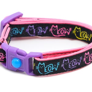 Meow Cat Collar - Colorful Meow on Black - Breakaway Cat Collar - Kitten or Large size B59D89