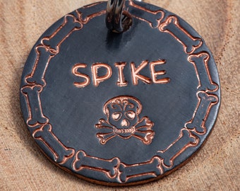 Skull and Bones Pet Tag - Skull Pet Name Tag - 7/8" Copper Pet ID Tag - Hand Stamped Cat ID Tag