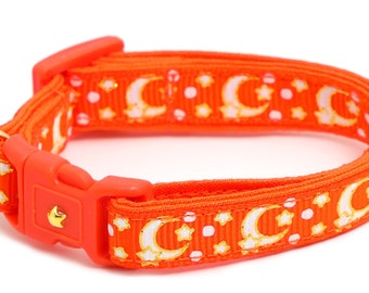 Moon Cat Collar - Gold Moons and Stars on Orange - Breakaway Cat Collar - Kitten or Large size - Glow in the Dark B125D204