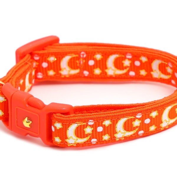 Moon Cat Collar - Gold Moons and Stars on Orange - Breakaway Cat Collar - Kitten or Large size - Glow in the Dark B125D204