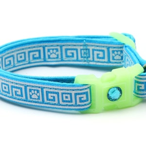 Griechisches Katzenhalsband - Griechischer Schlüssel auf Blau - Passender ID Tag - Kätzchen oder große Größe - Glow in the Dark B133D282
