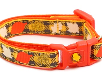 Fall Cat Collar - Fall Leaves on Yellow Plaid - Small Cat/ Kitten Size or Large Size Collar B30D252