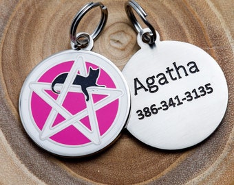 Engraved Wicca Cat ID Tag - Personalized Cat Pentagram ID Tag - Custom Wiccan Pet Name Tag -- Pink